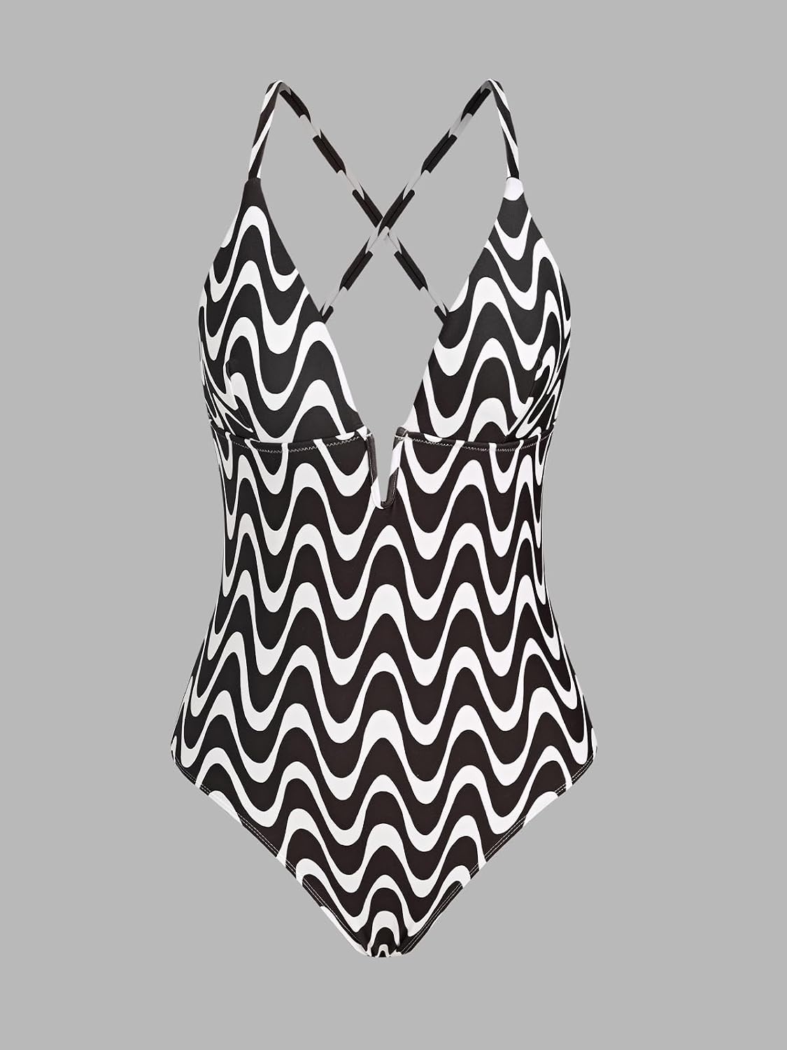 image:imageCUPSHE Women Swimsuit One Piece Bathing Suit Deep V Neck Crisscross Back Adjustable StrapBeigeBlack Wave