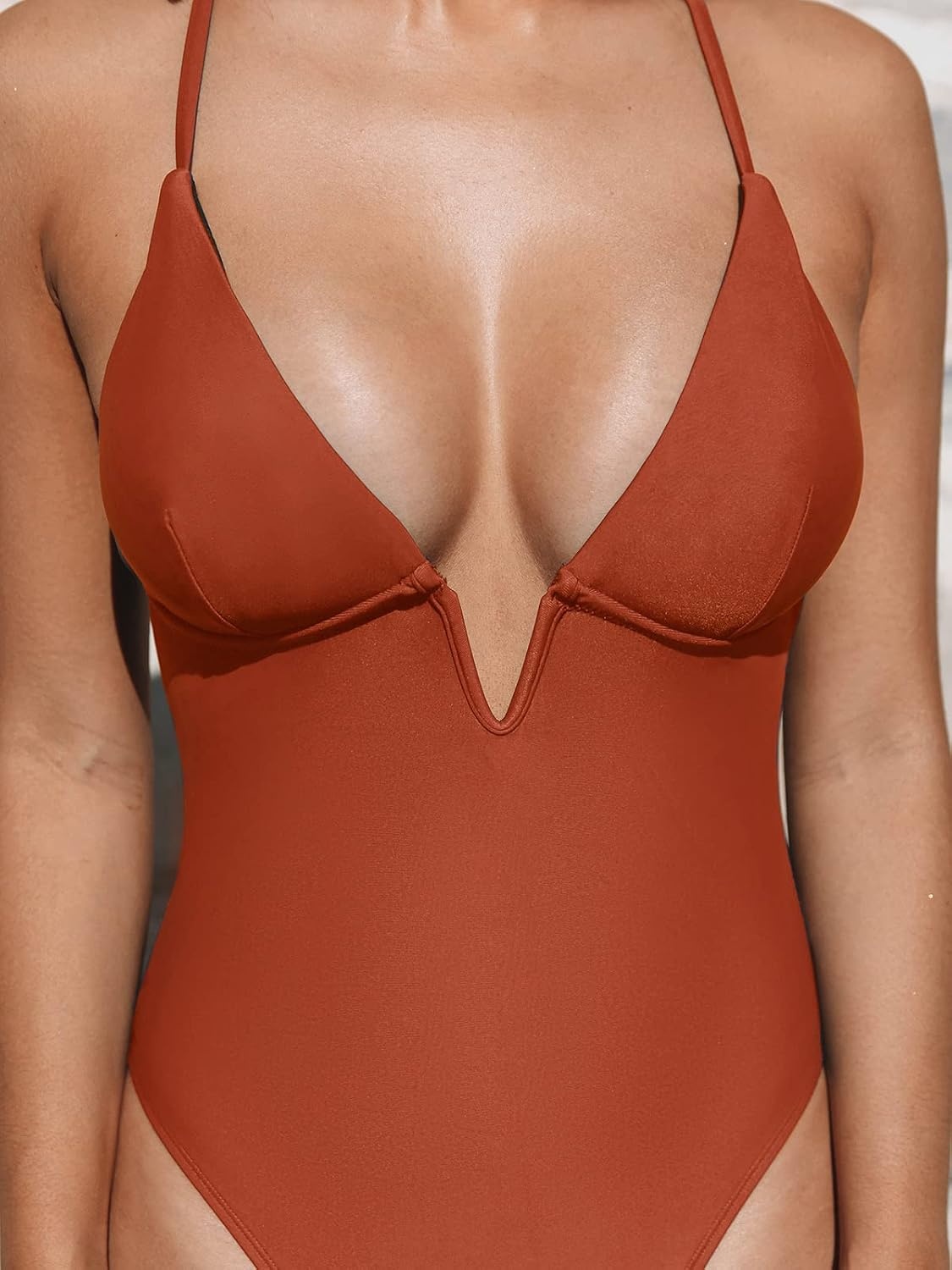 image:imageCUPSHE Women Swimsuit One Piece Bathing Suit Deep V Neck Crisscross Back Adjustable StrapBrick Red