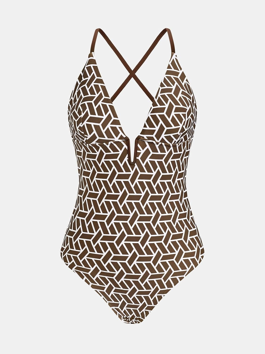 image:imageCUPSHE Women Swimsuit One Piece Bathing Suit Deep V Neck Crisscross Back Adjustable StrapBrown Geo