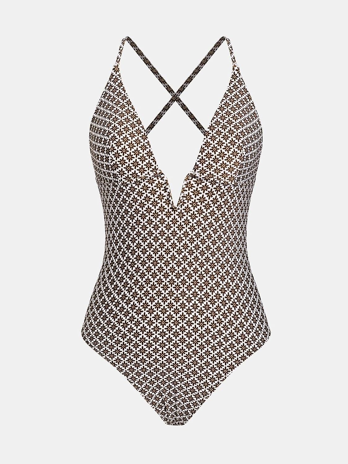 image:imageCUPSHE Women Swimsuit One Piece Bathing Suit Deep V Neck Crisscross Back Adjustable StrapBrownGeo