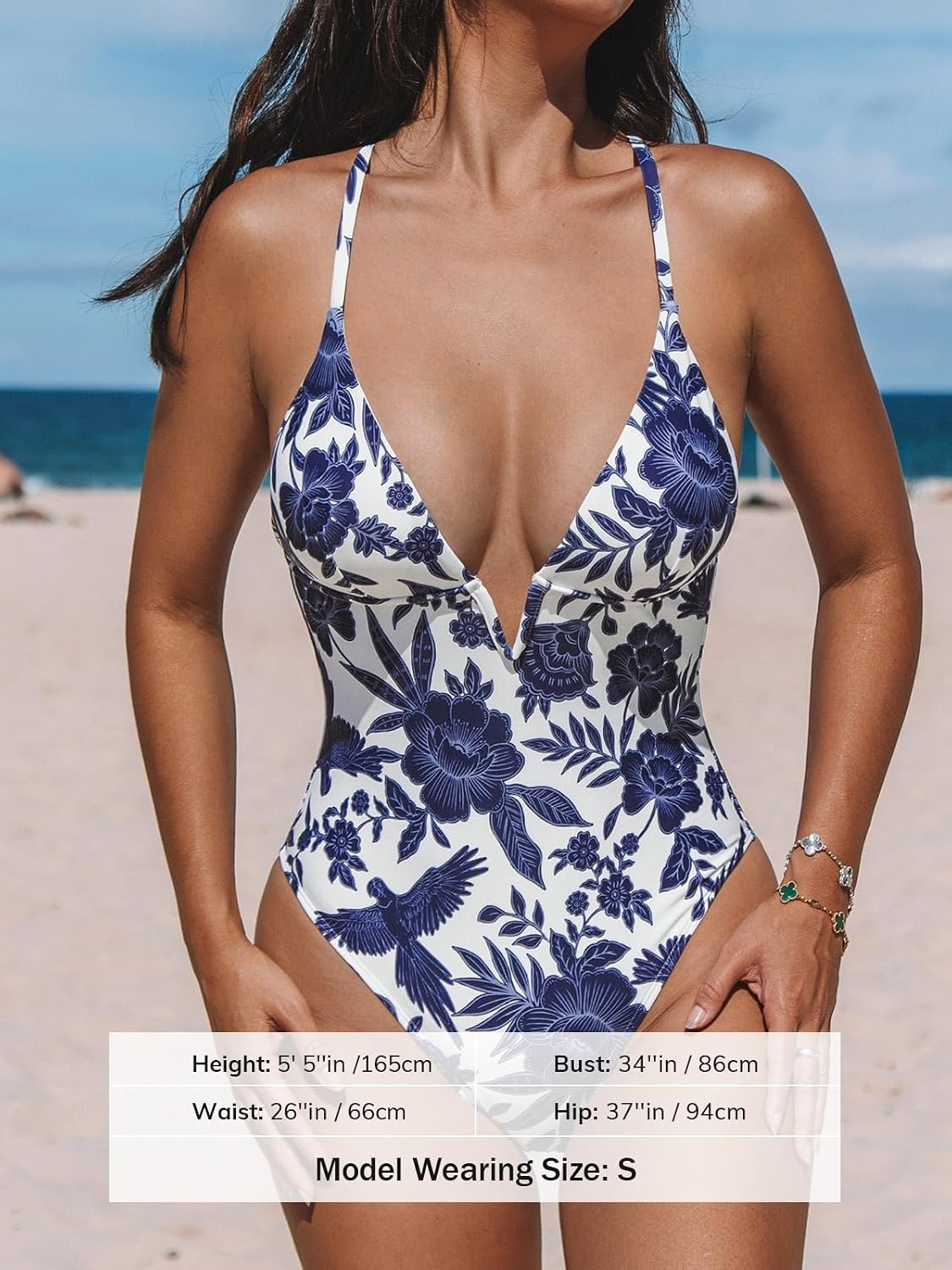 image:imageCUPSHE Women Swimsuit One Piece Bathing Suit Deep V Neck Crisscross Back Adjustable StrapNavy Floral
