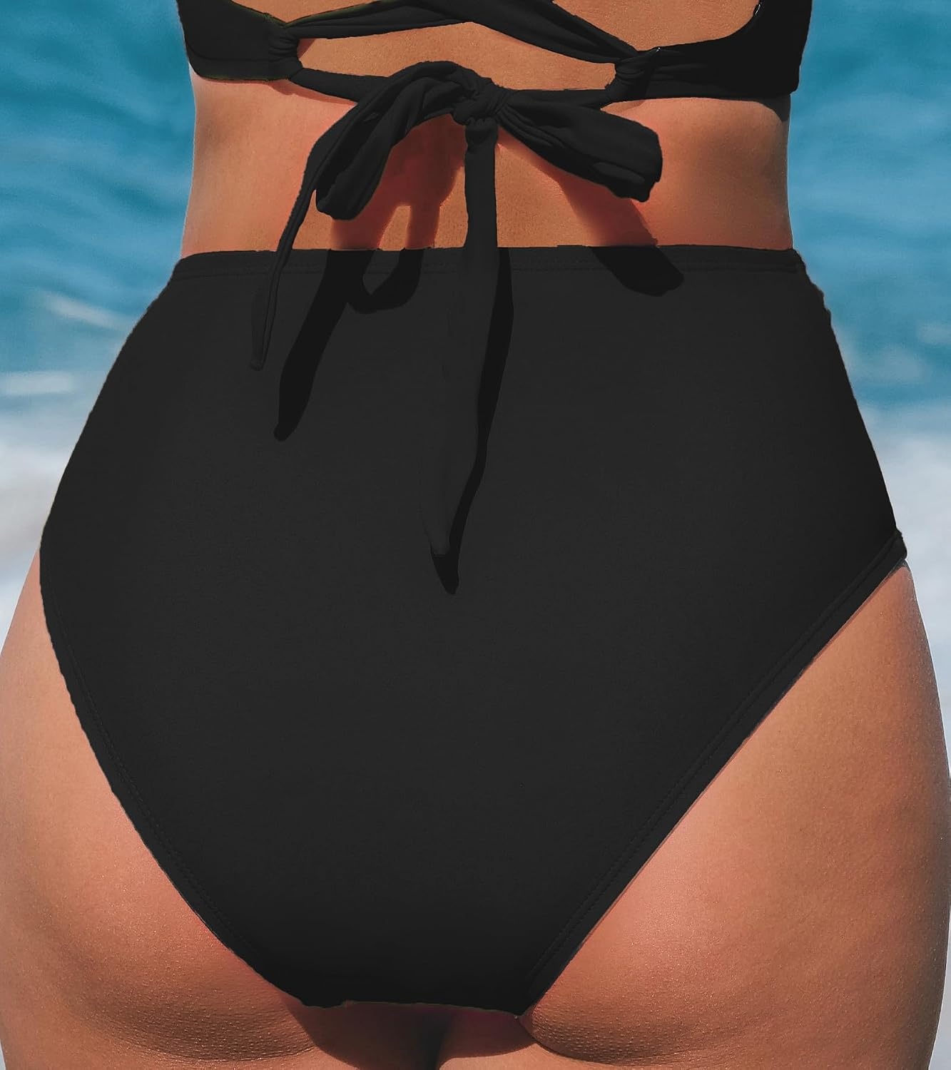 image:imageCUPSHE Womens Bikini Bottom High Waisted Swimsuit Ruched Bathing Suit Stitching Full Coverage Swimwear BottomBlack