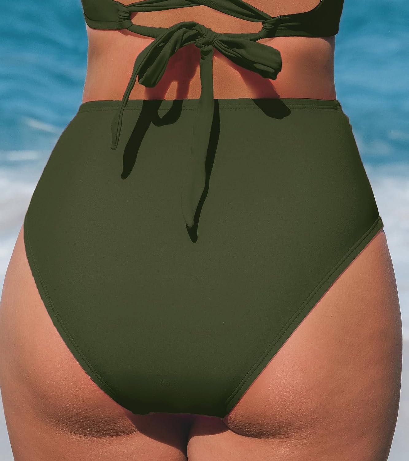 image:imageCUPSHE Womens Bikini Bottom High Waisted Swimsuit Ruched Bathing Suit Stitching Full Coverage Swimwear BottomOlive Green