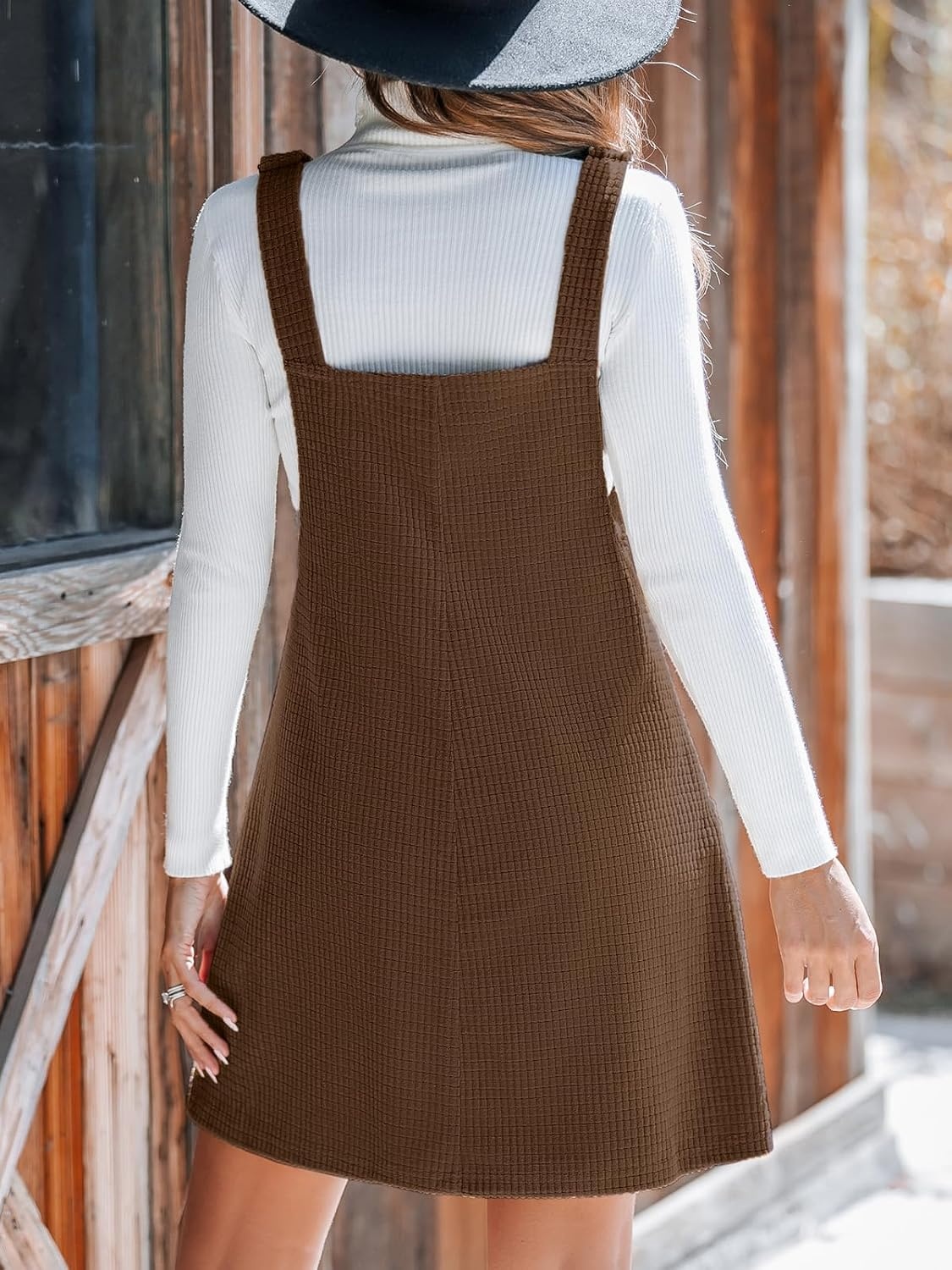image:imageCUPSHE Womens Corduroy Overall Dress Square Neck A Line Fall Pinafore Mini Dress with PocketsBrown