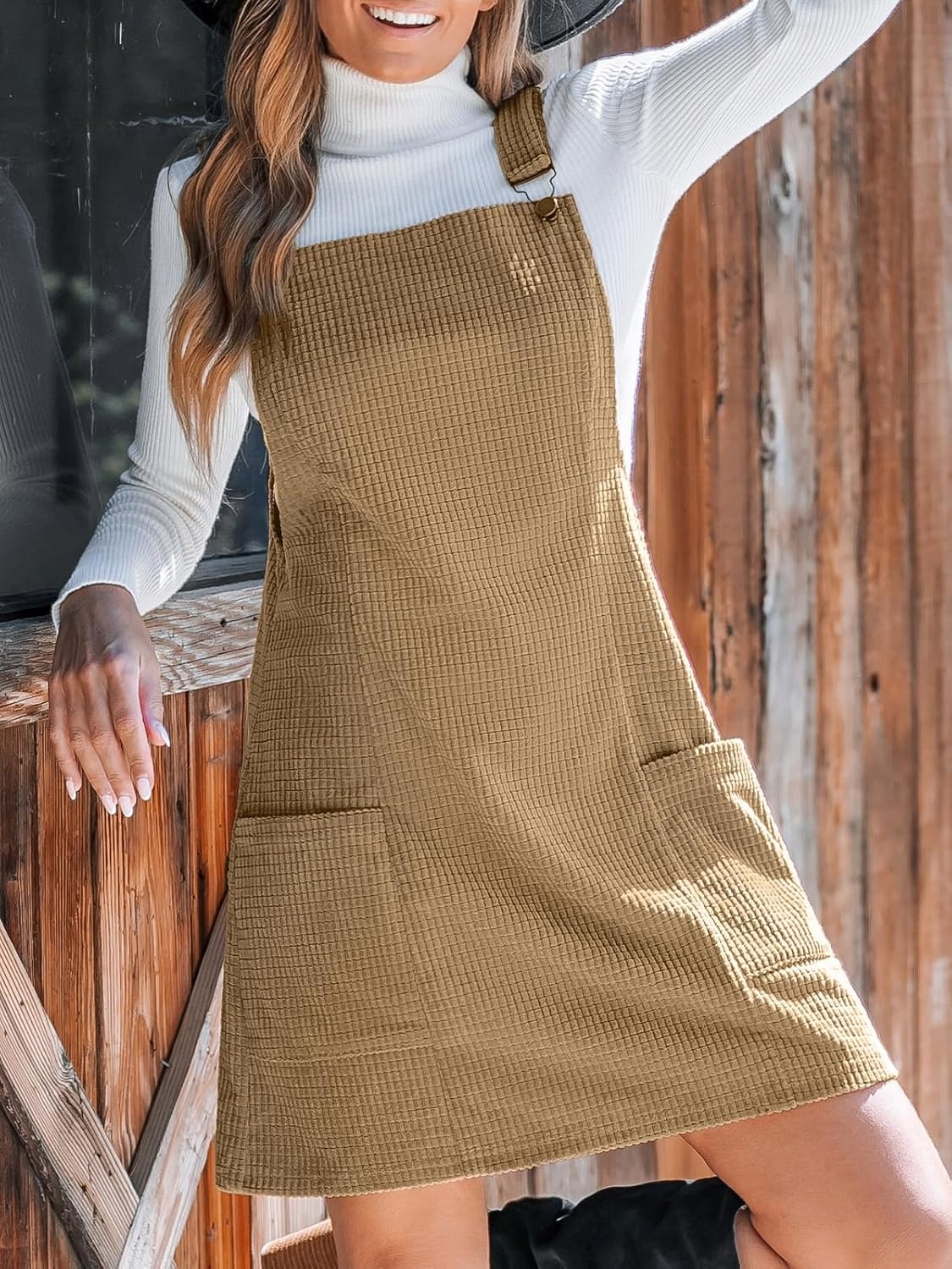 image:imageCUPSHE Womens Corduroy Overall Dress Square Neck A Line Fall Pinafore Mini Dress with PocketsKhaki