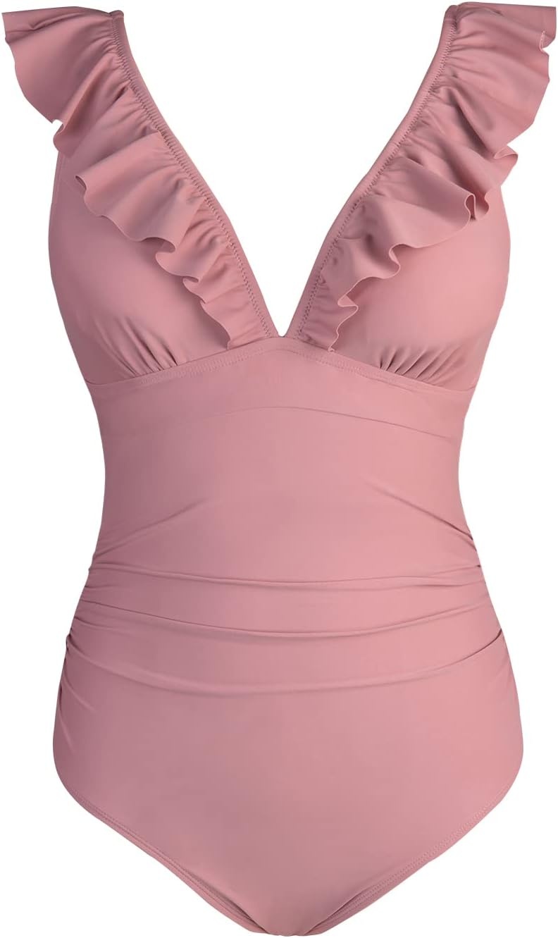 image:imageCUPSHE Womens Ruffled One Piece Swimsuit V Neck Lace UpBean Pink