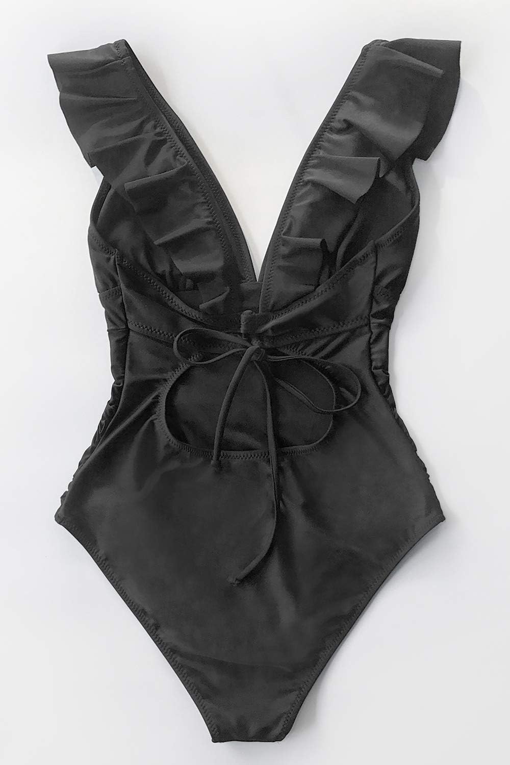 image:imageCUPSHE Womens Ruffled One Piece Swimsuit V Neck Lace UpBlack