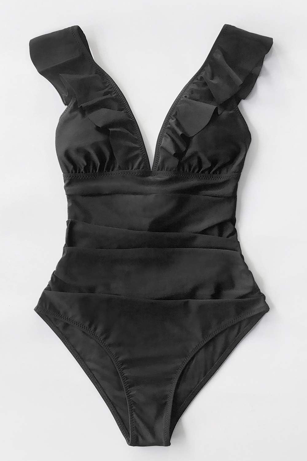 image:imageCUPSHE Womens Ruffled One Piece Swimsuit V Neck Lace UpBlack