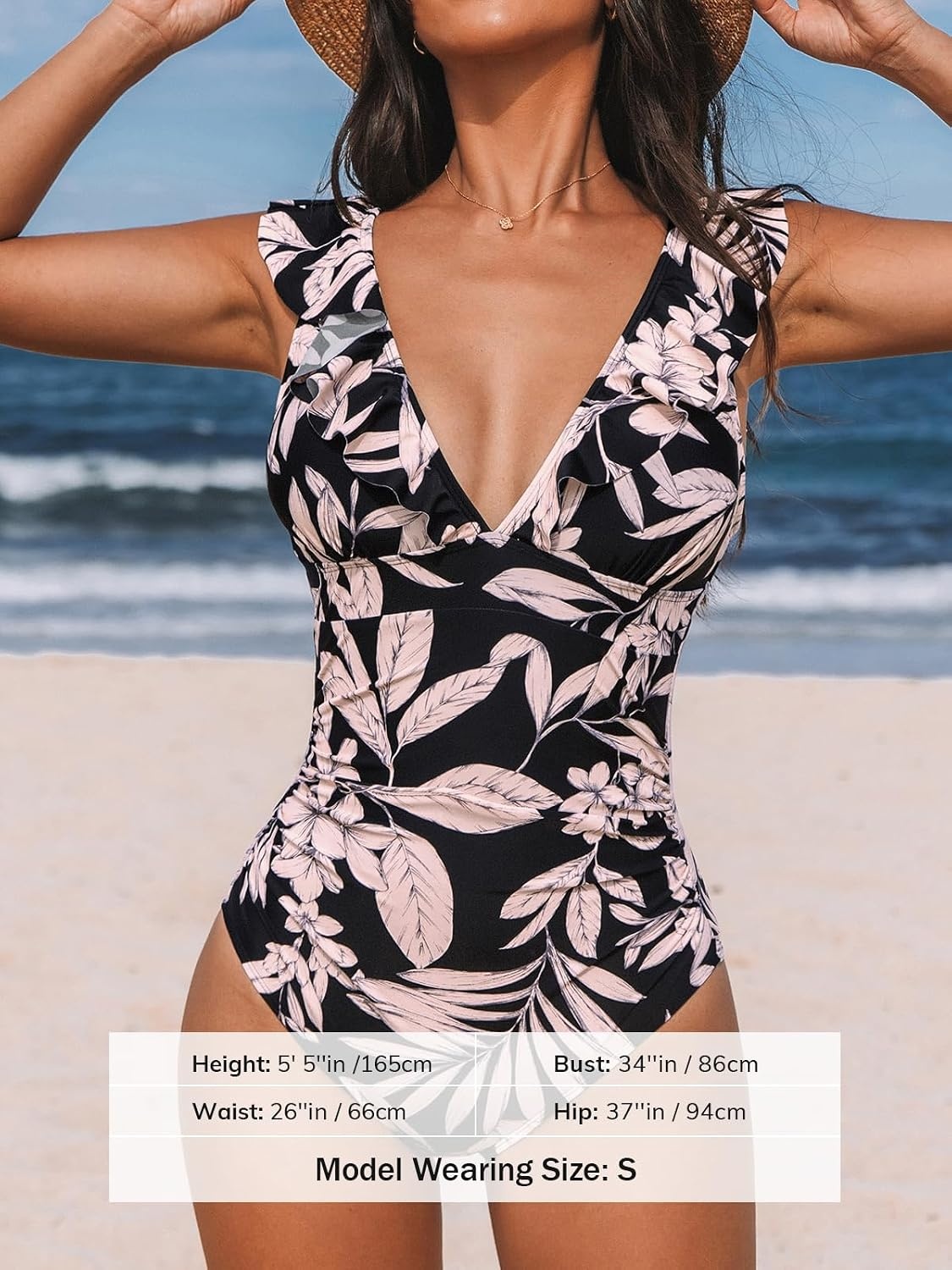 image:imageCUPSHE Womens Ruffled One Piece Swimsuit V Neck Lace UpBlackLight Pink Floral