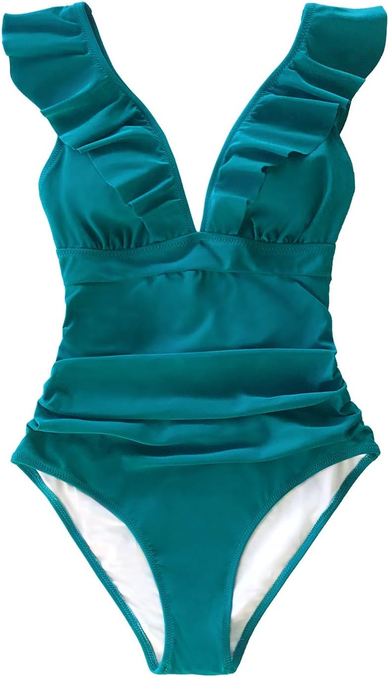 image:imageCUPSHE Womens Ruffled One Piece Swimsuit V Neck Lace UpBright Cyan