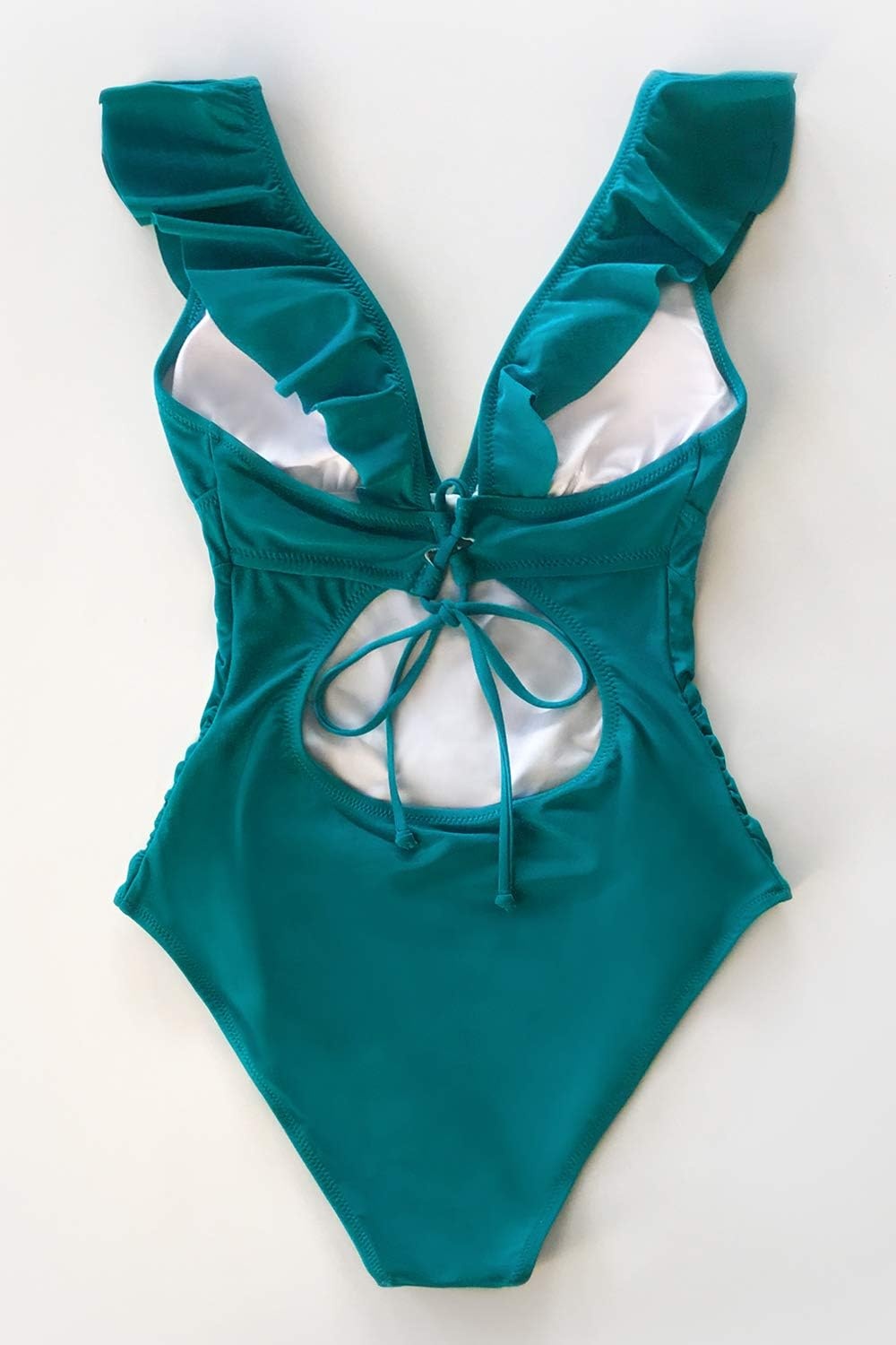 image:imageCUPSHE Womens Ruffled One Piece Swimsuit V Neck Lace UpBright Cyan