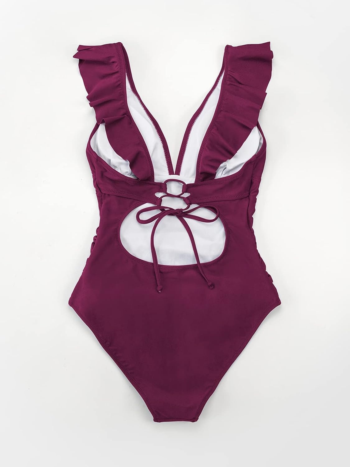 image:imageCUPSHE Womens Ruffled One Piece Swimsuit V Neck Lace UpBurgundy