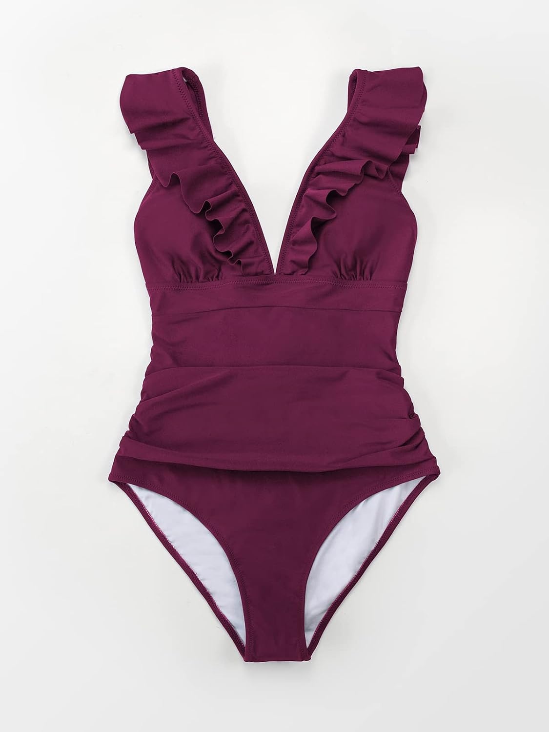 image:imageCUPSHE Womens Ruffled One Piece Swimsuit V Neck Lace UpBurgundy