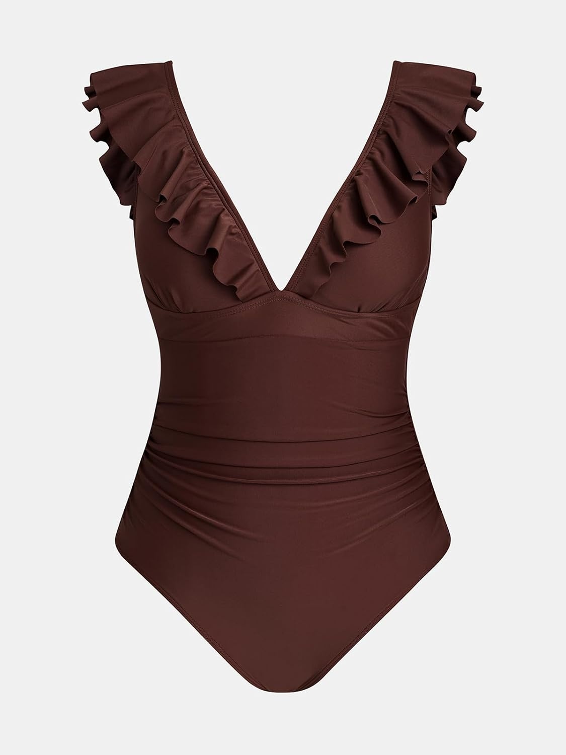 image:imageCUPSHE Womens Ruffled One Piece Swimsuit V Neck Lace UpChocolate Brown