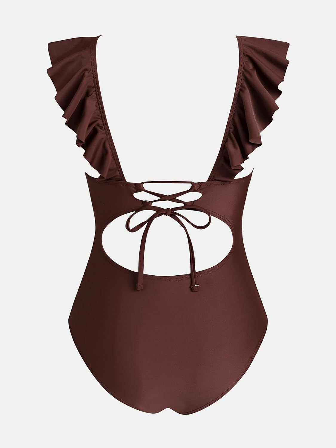 image:imageCUPSHE Womens Ruffled One Piece Swimsuit V Neck Lace UpChocolate Brown