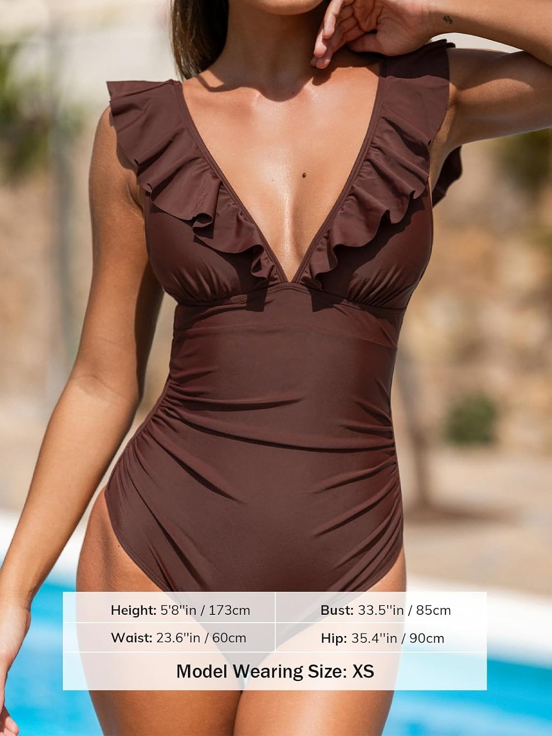 image:imageCUPSHE Womens Ruffled One Piece Swimsuit V Neck Lace UpChocolate Brown