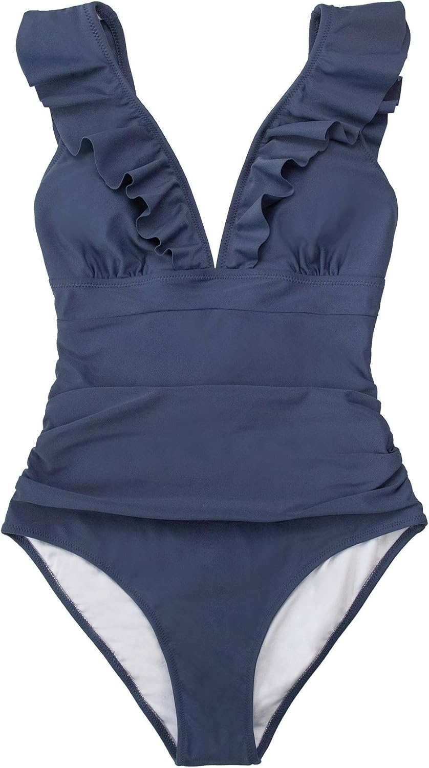 image:imageCUPSHE Womens Ruffled One Piece Swimsuit V Neck Lace UpDark Blue