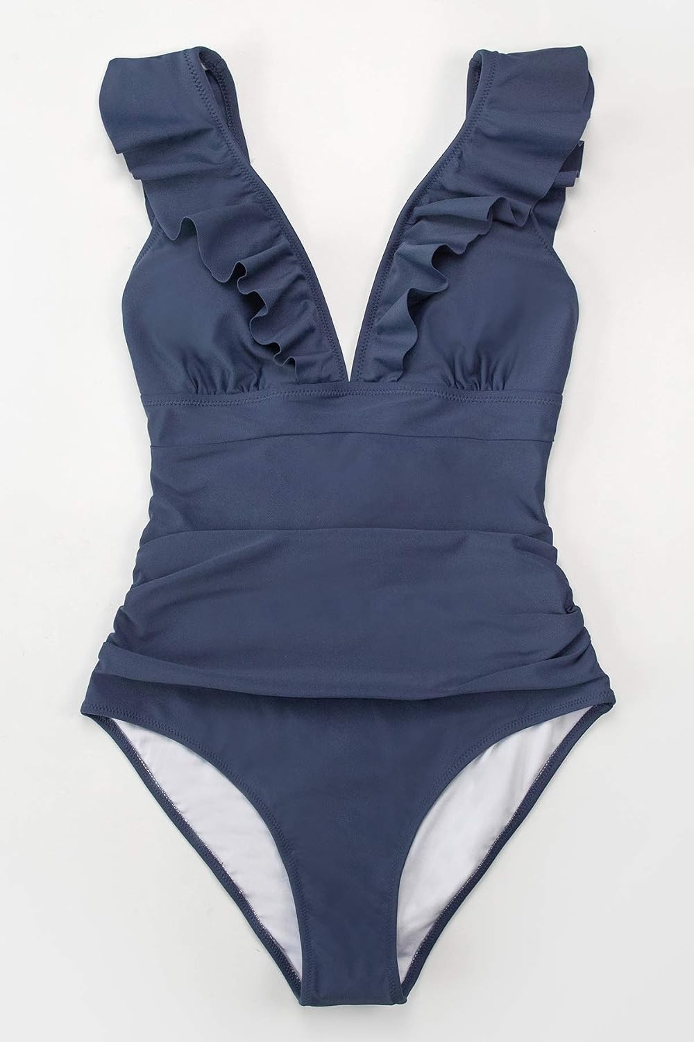 image:imageCUPSHE Womens Ruffled One Piece Swimsuit V Neck Lace UpDark Blue