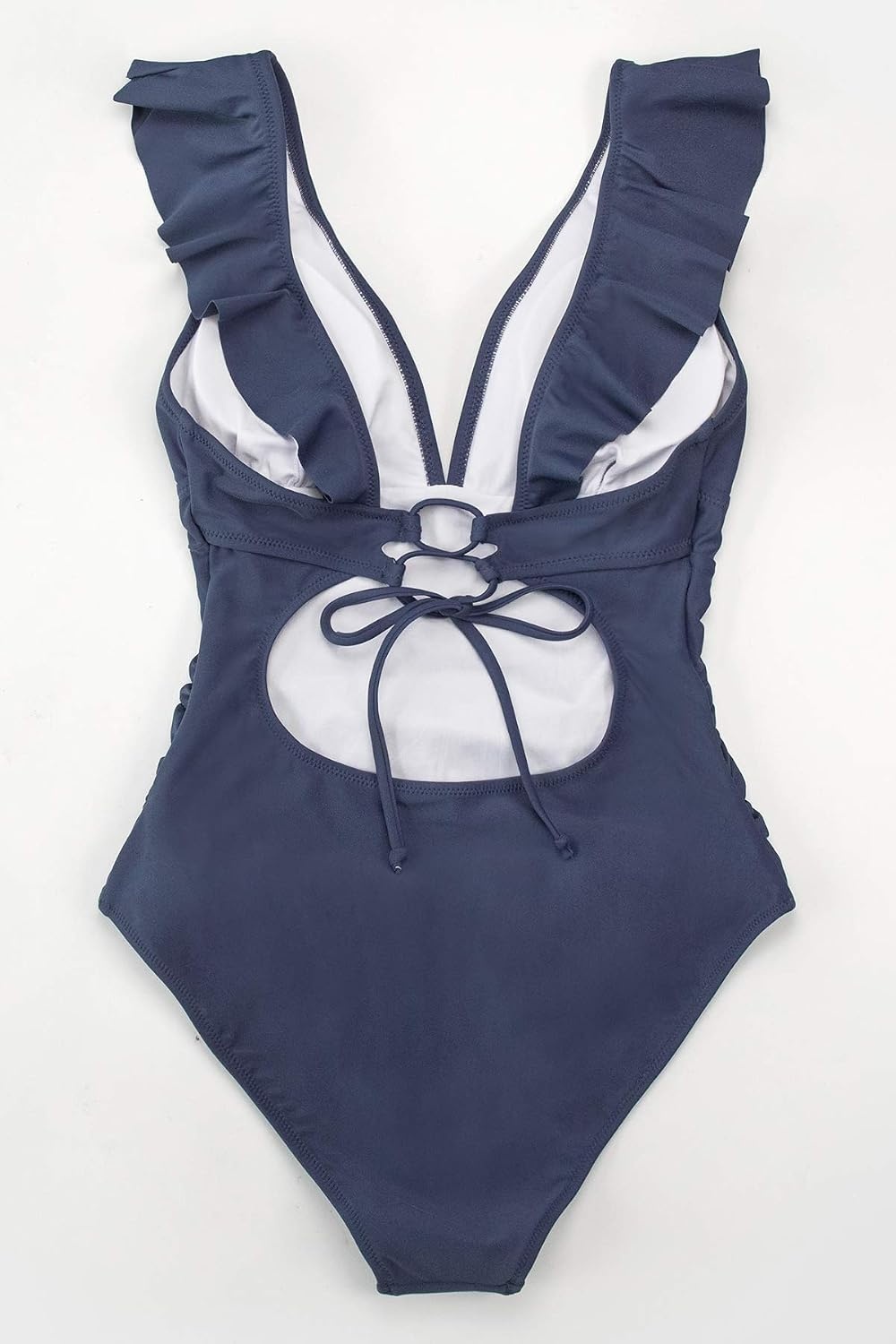 image:imageCUPSHE Womens Ruffled One Piece Swimsuit V Neck Lace UpDark Blue
