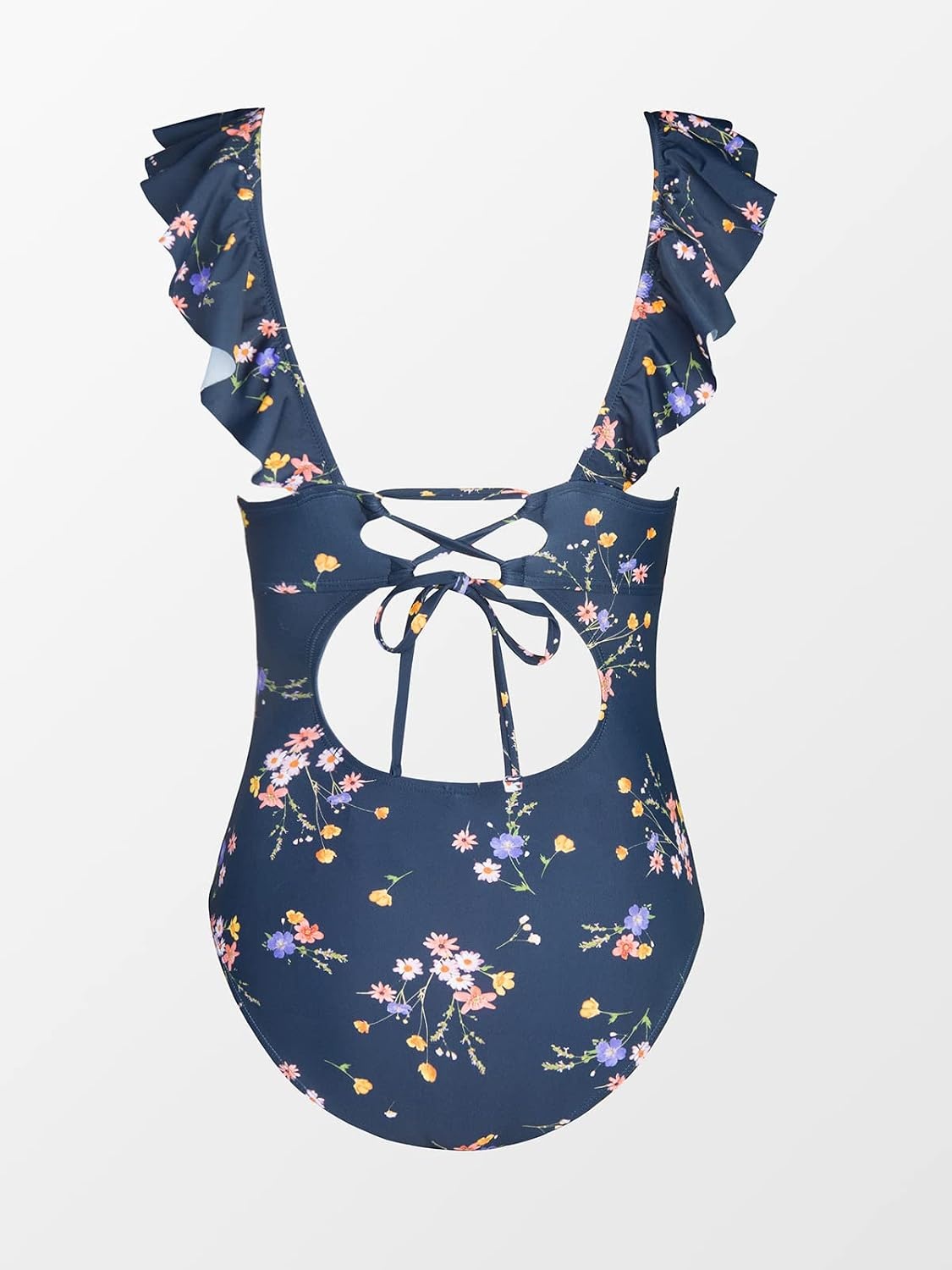 image:imageCUPSHE Womens Ruffled One Piece Swimsuit V Neck Lace UpDenim Blue Floral