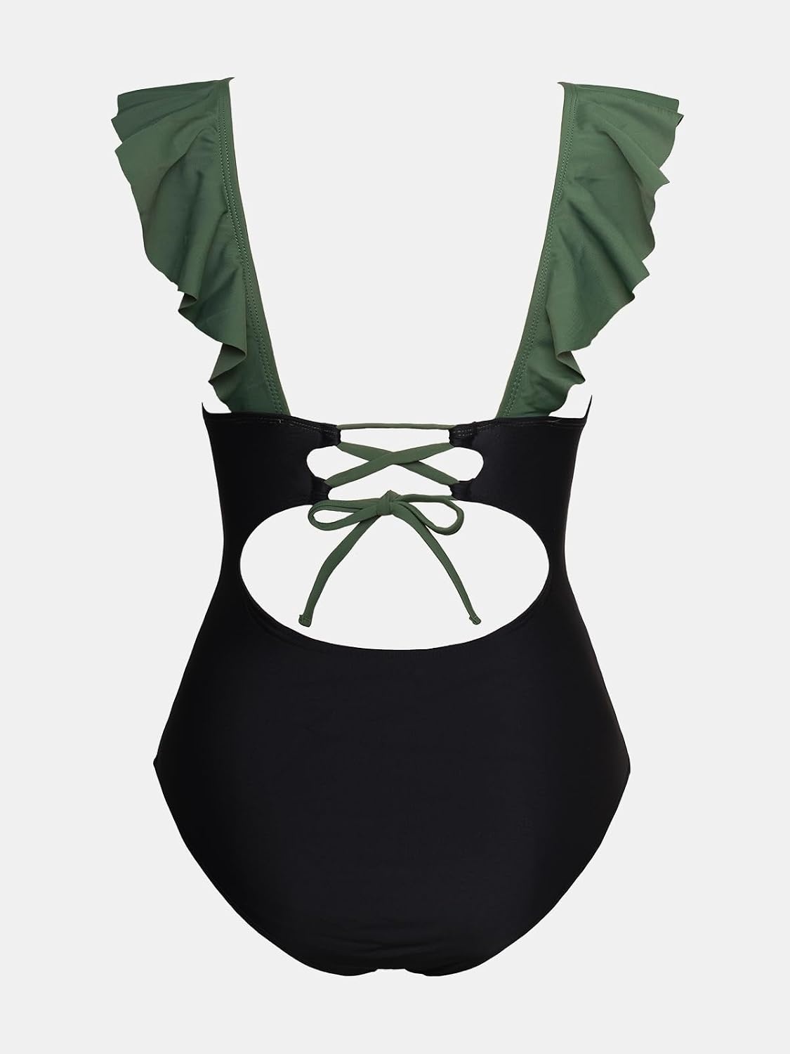image:imageCUPSHE Womens Ruffled One Piece Swimsuit V Neck Lace UpForest GreenBlack