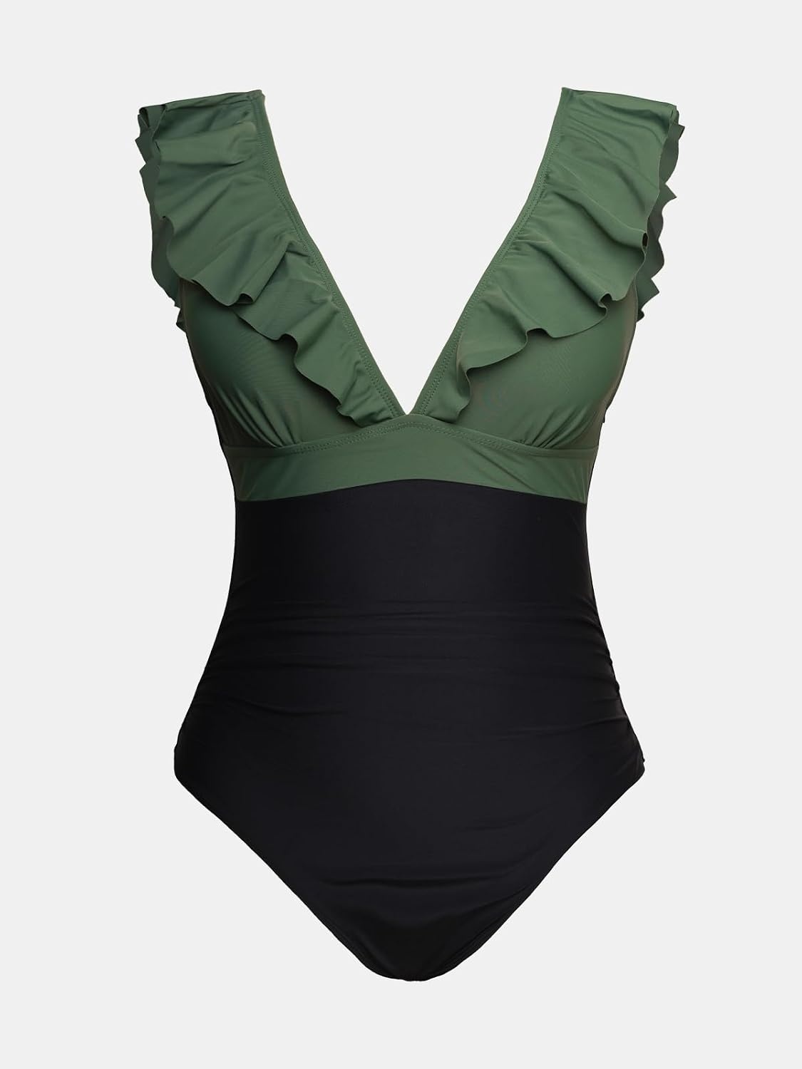 image:imageCUPSHE Womens Ruffled One Piece Swimsuit V Neck Lace UpForest GreenBlack