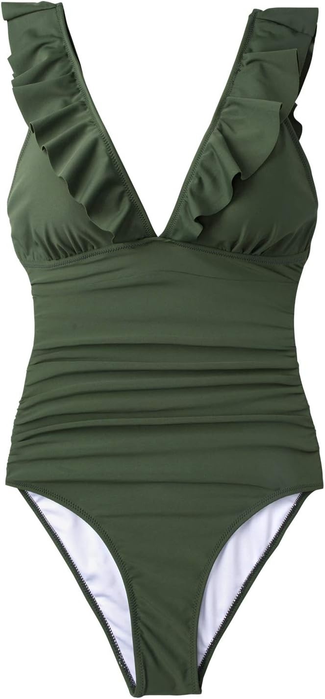 image:imageCUPSHE Womens Ruffled One Piece Swimsuit V Neck Lace UpGreen