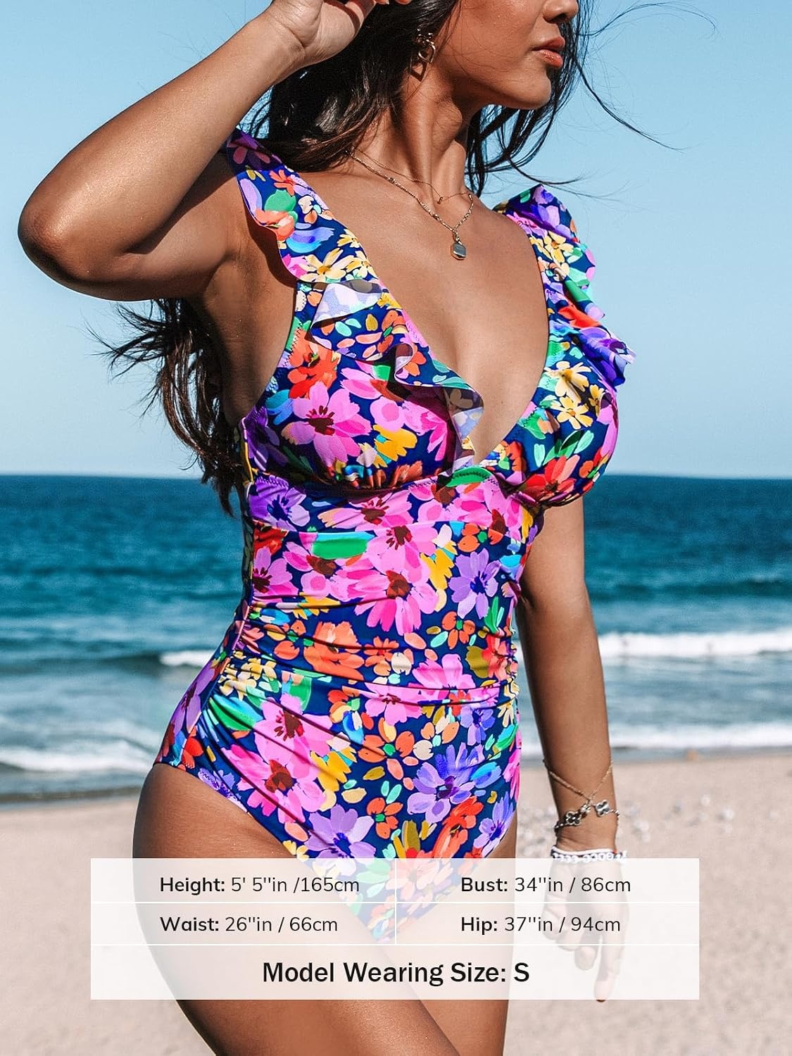 image:imageCUPSHE Womens Ruffled One Piece Swimsuit V Neck Lace UpMagenta Ditsy Print