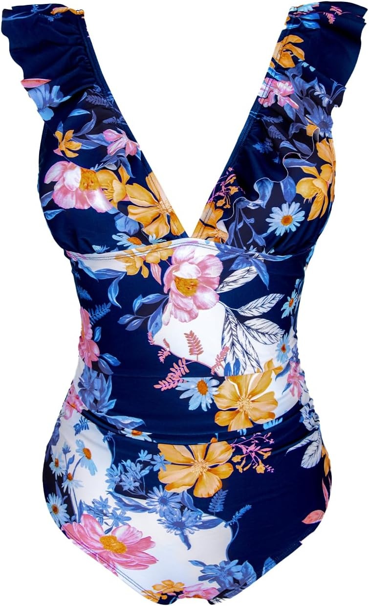 image:imageCUPSHE Womens Ruffled One Piece Swimsuit V Neck Lace UpNavy Blue Daisy