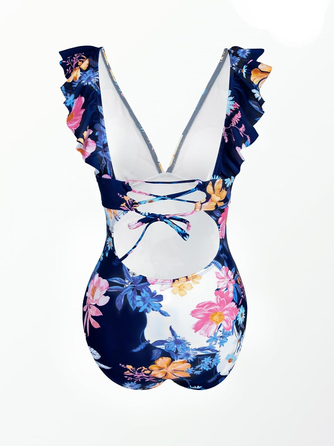 image:imageCUPSHE Womens Ruffled One Piece Swimsuit V Neck Lace UpNavy Blue Daisy