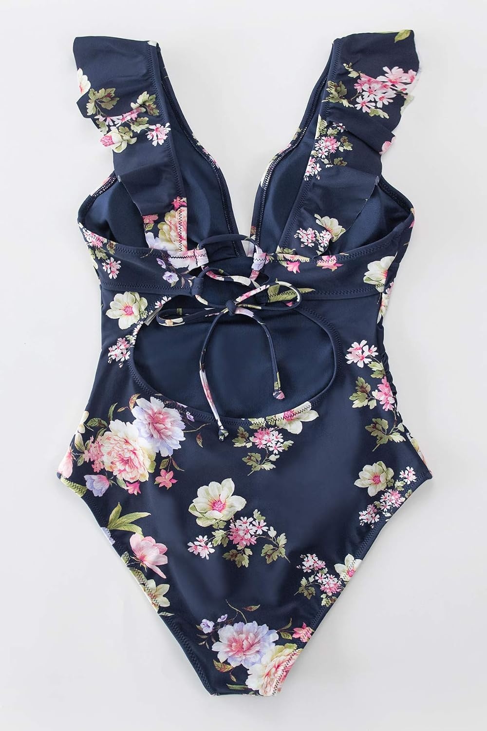 image:imageCUPSHE Womens Ruffled One Piece Swimsuit V Neck Lace UpNavy Floral