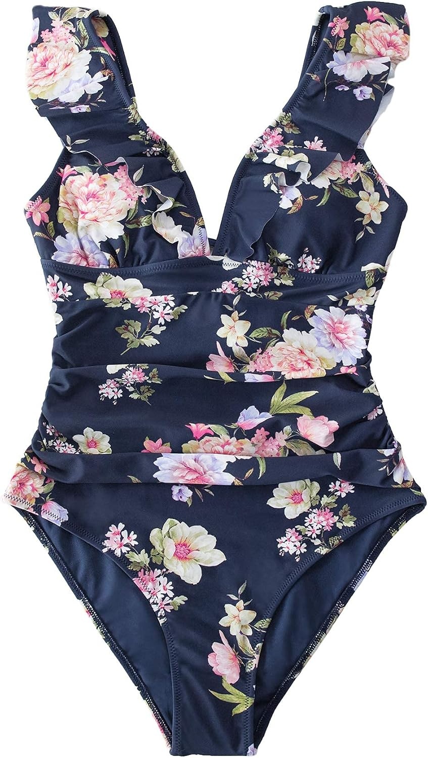 image:imageCUPSHE Womens Ruffled One Piece Swimsuit V Neck Lace UpNavy Floral