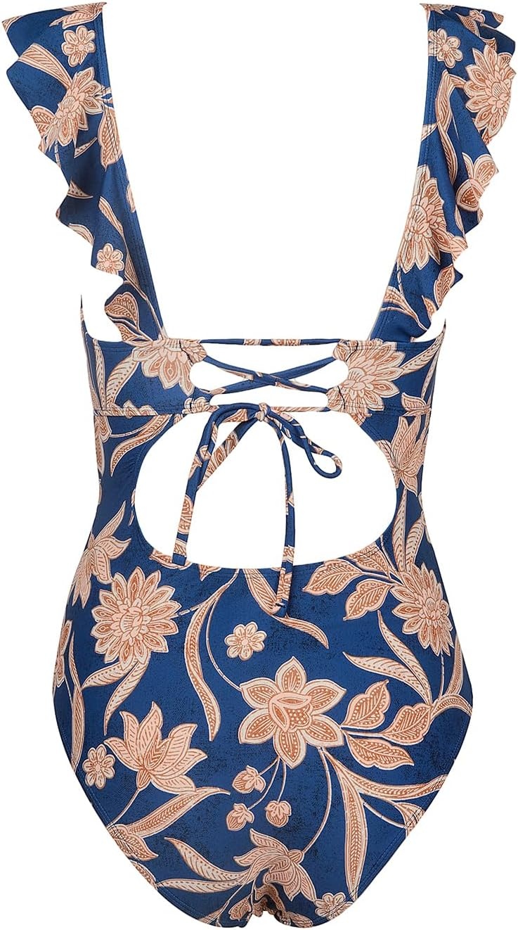 image:imageCUPSHE Womens Ruffled One Piece Swimsuit V Neck Lace UpNavy Paisley Print