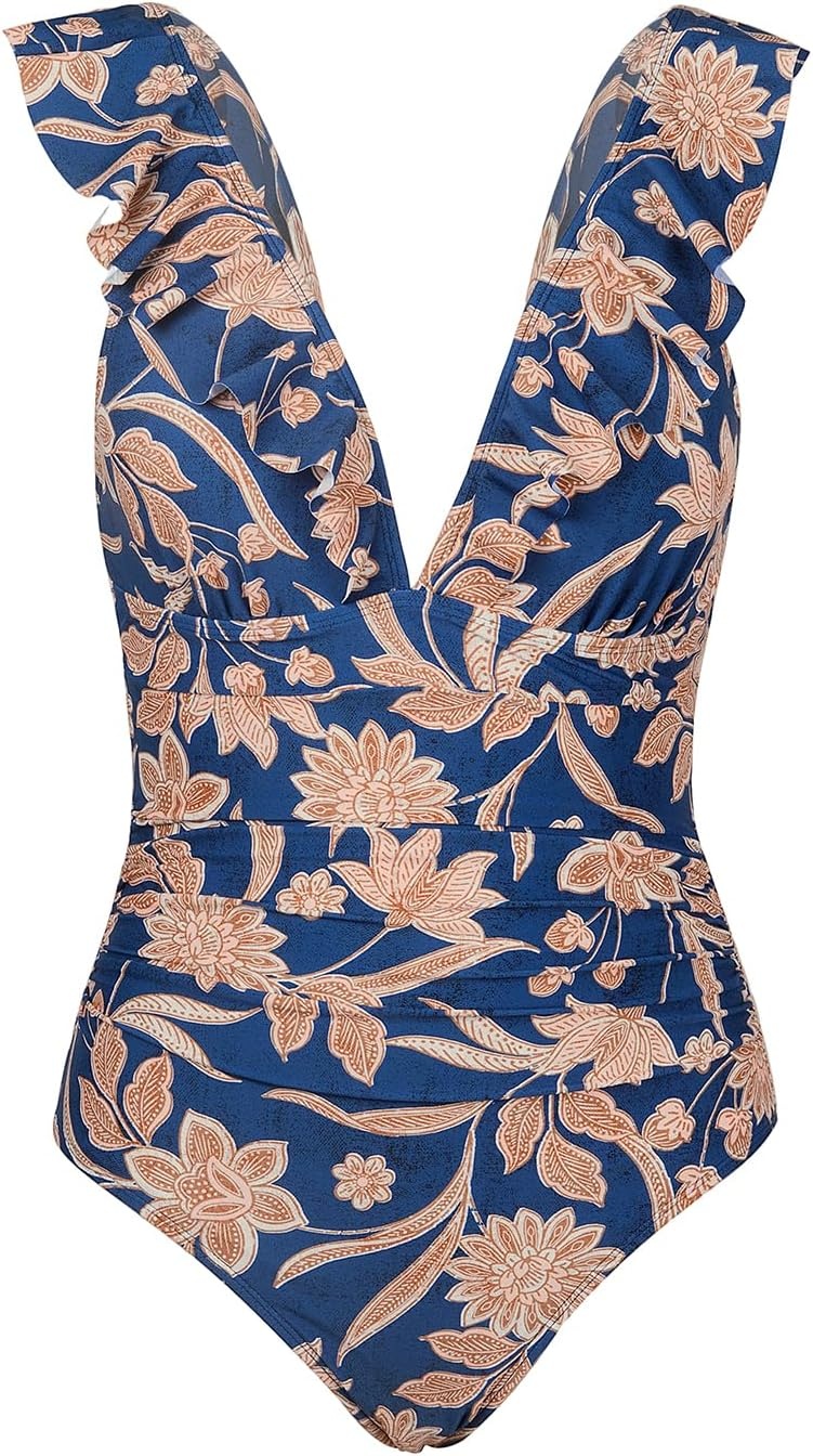 image:imageCUPSHE Womens Ruffled One Piece Swimsuit V Neck Lace UpNavy Paisley Print