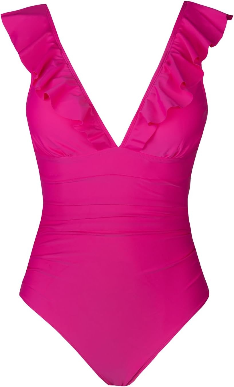 image:imageCUPSHE Womens Ruffled One Piece Swimsuit V Neck Lace UpNeon Pink