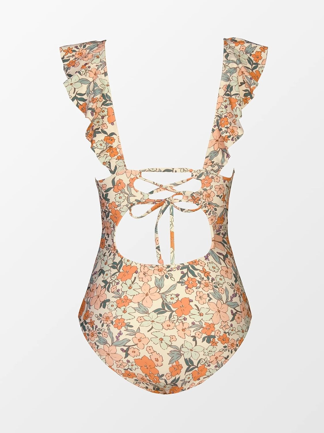 image:imageCUPSHE Womens Ruffled One Piece Swimsuit V Neck Lace UpOrange Ditsy Print