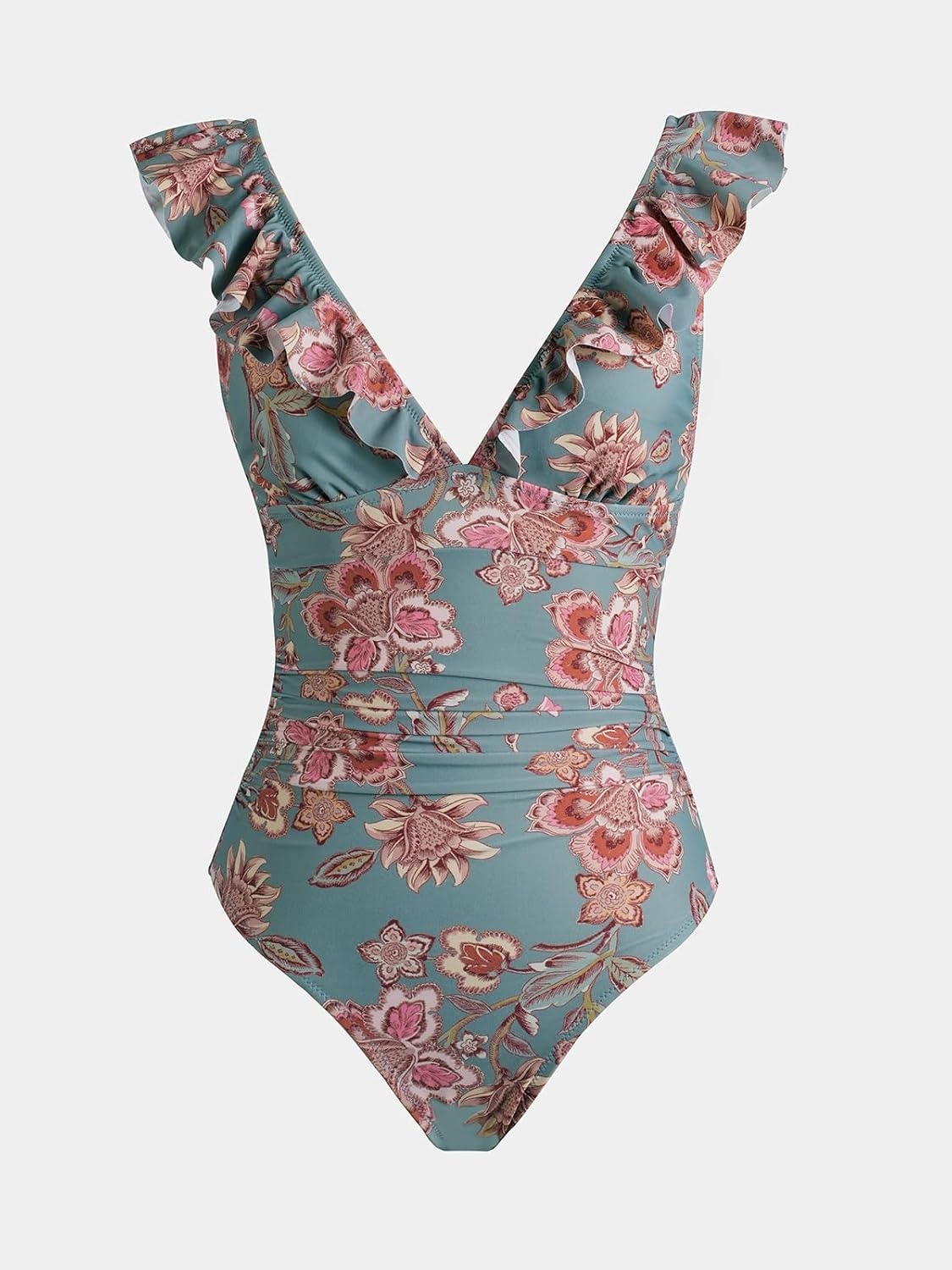 image:imageCUPSHE Womens Ruffled One Piece Swimsuit V Neck Lace UpPine GreenRed Floral
