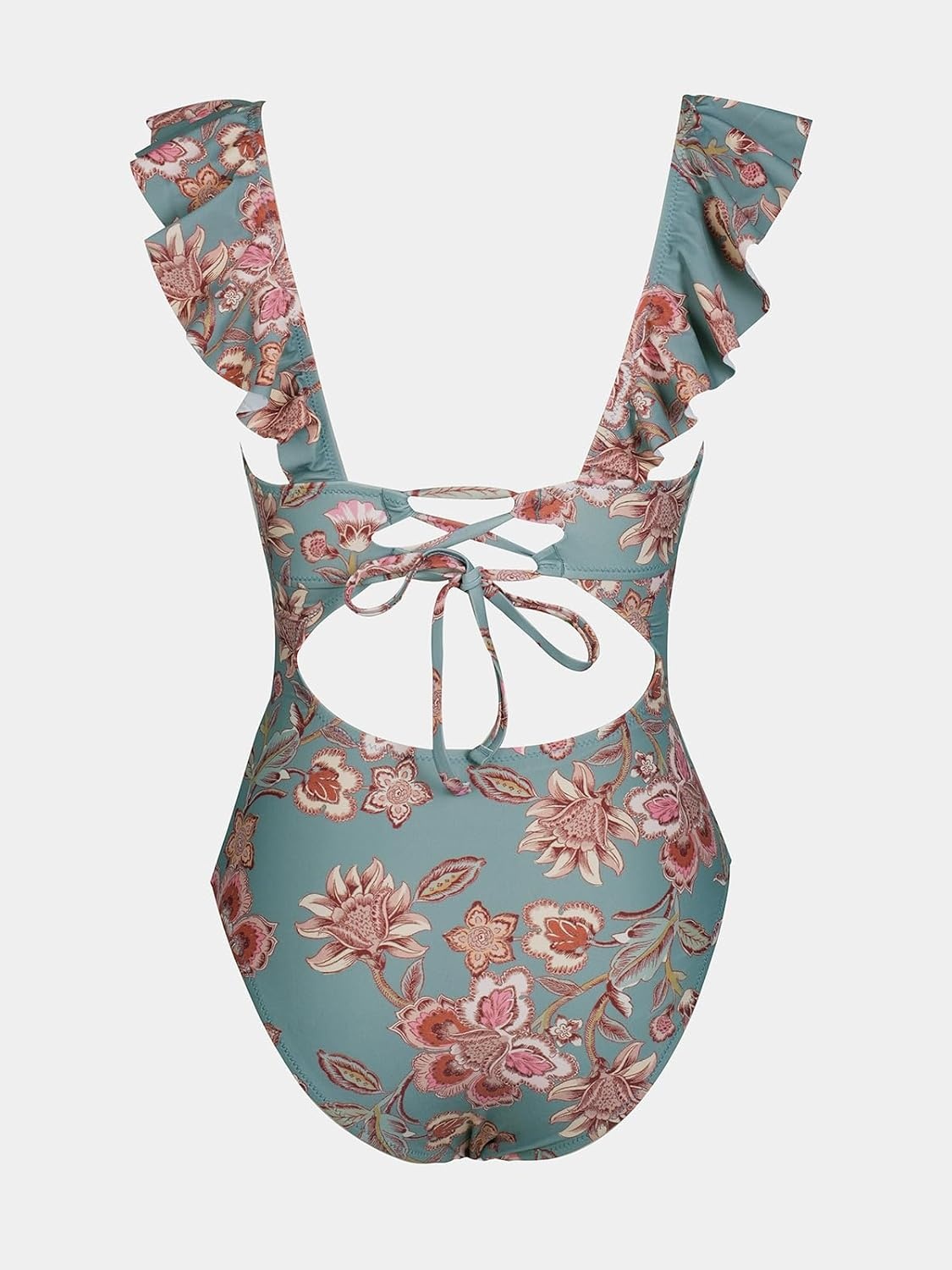 image:imageCUPSHE Womens Ruffled One Piece Swimsuit V Neck Lace UpPine GreenRed Floral