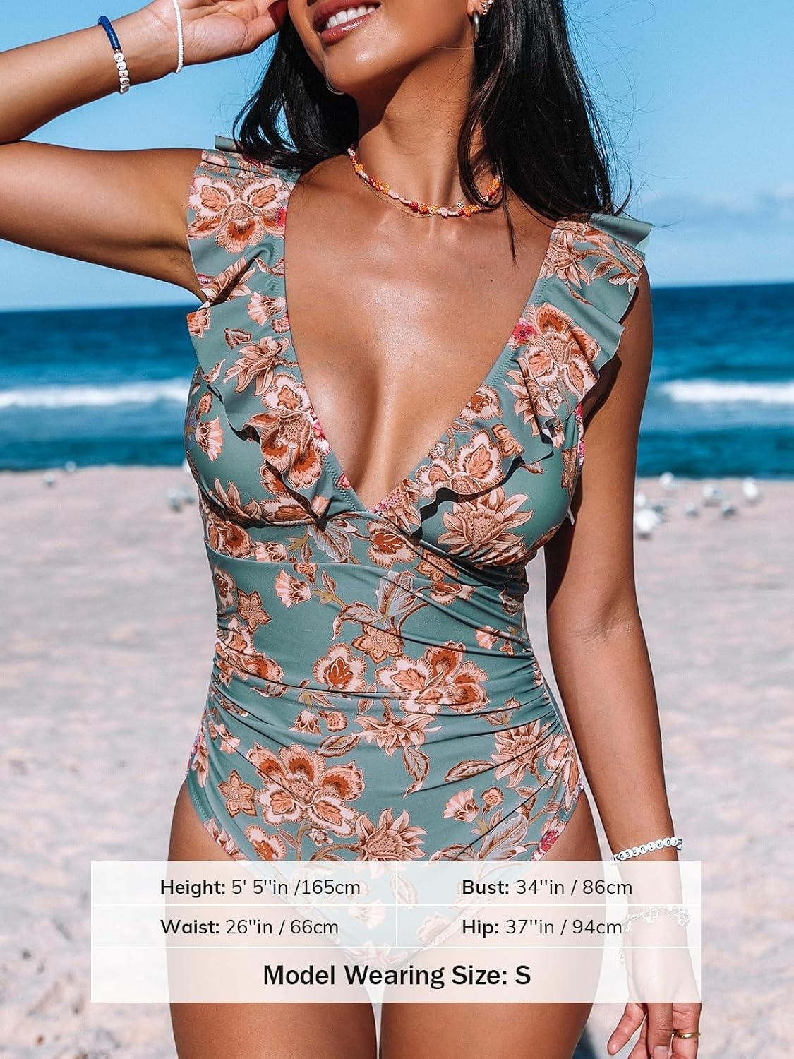 image:imageCUPSHE Womens Ruffled One Piece Swimsuit V Neck Lace UpPine GreenRed Floral