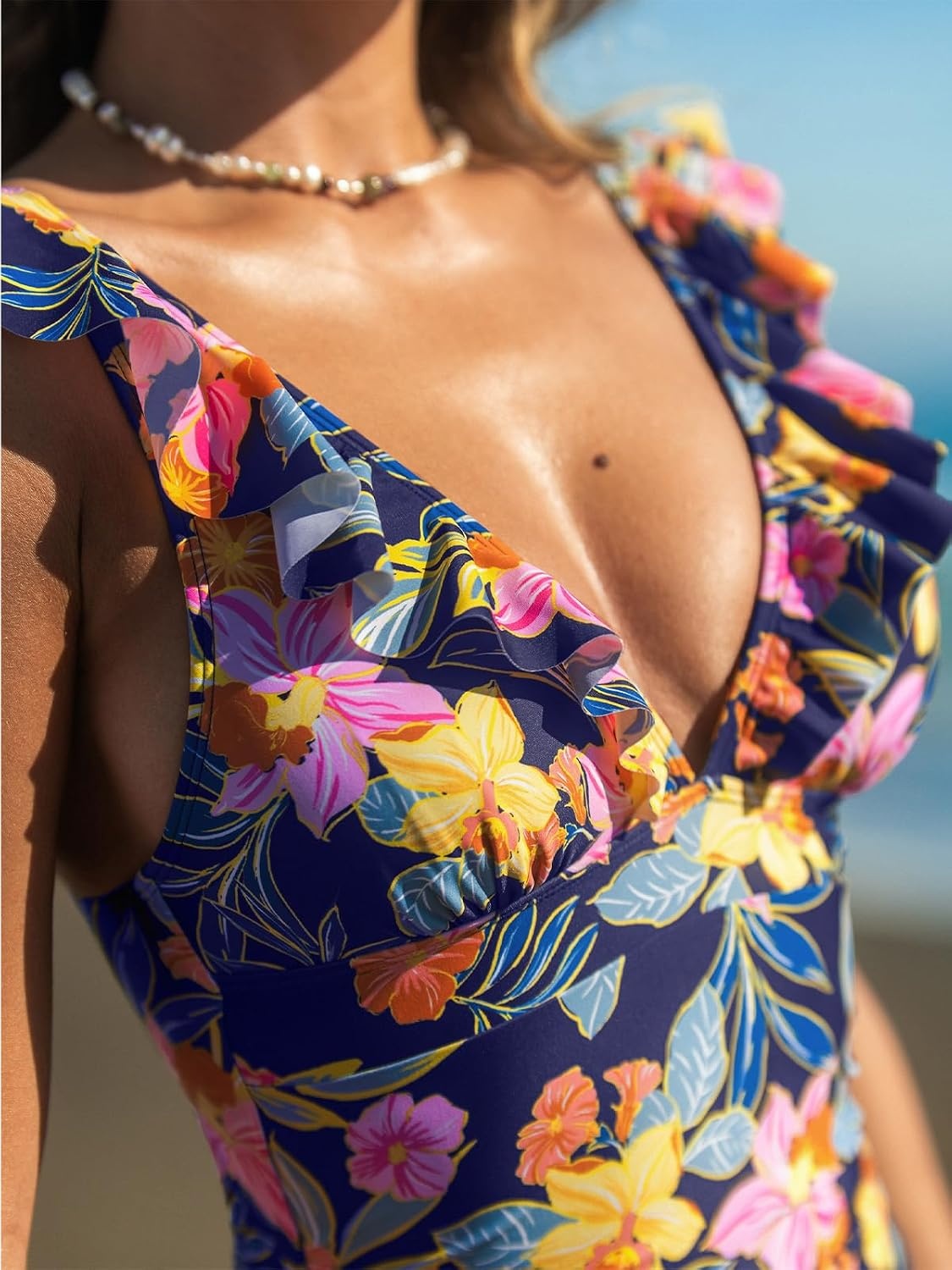 image:imageCUPSHE Womens Ruffled One Piece Swimsuit V Neck Lace UpPinkYellowBlue