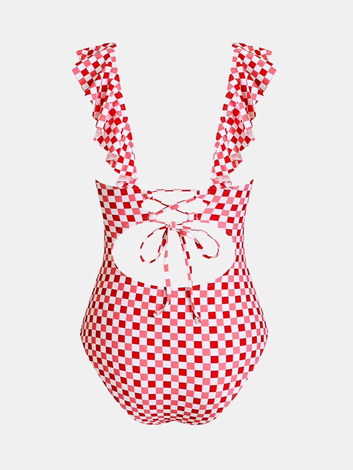 image:imageCUPSHE Womens Ruffled One Piece Swimsuit V Neck Lace UpRed Pink Gingham