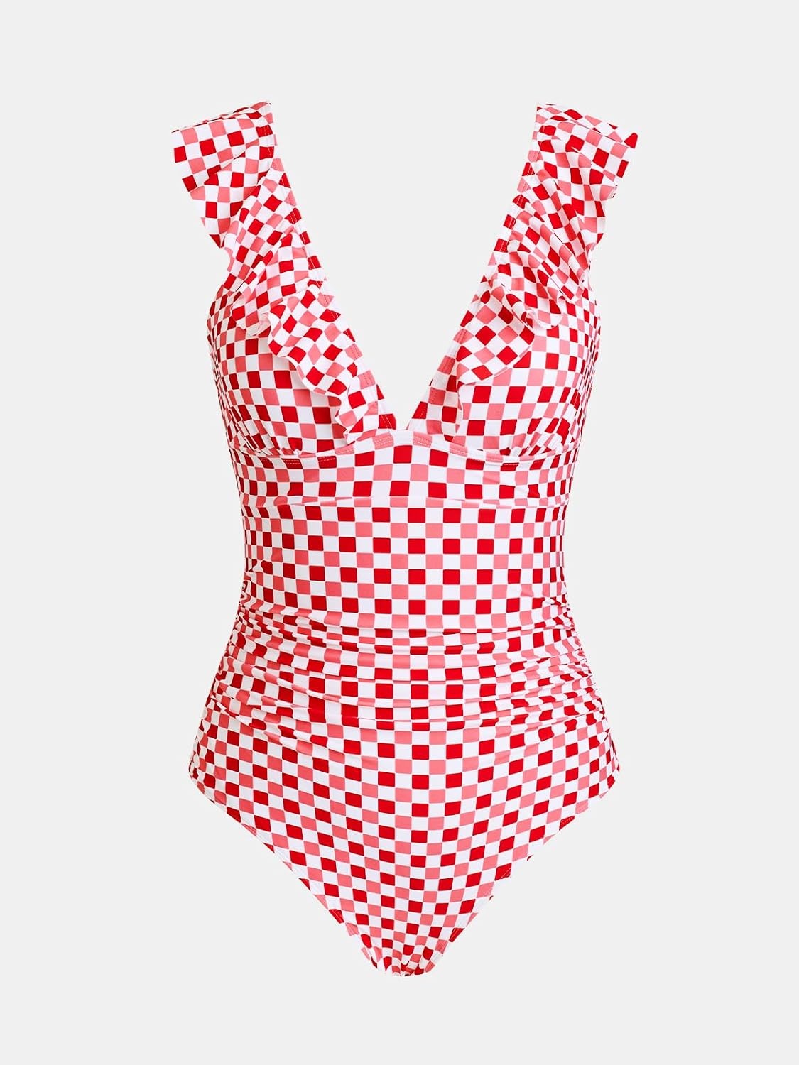 image:imageCUPSHE Womens Ruffled One Piece Swimsuit V Neck Lace UpRed Pink Gingham
