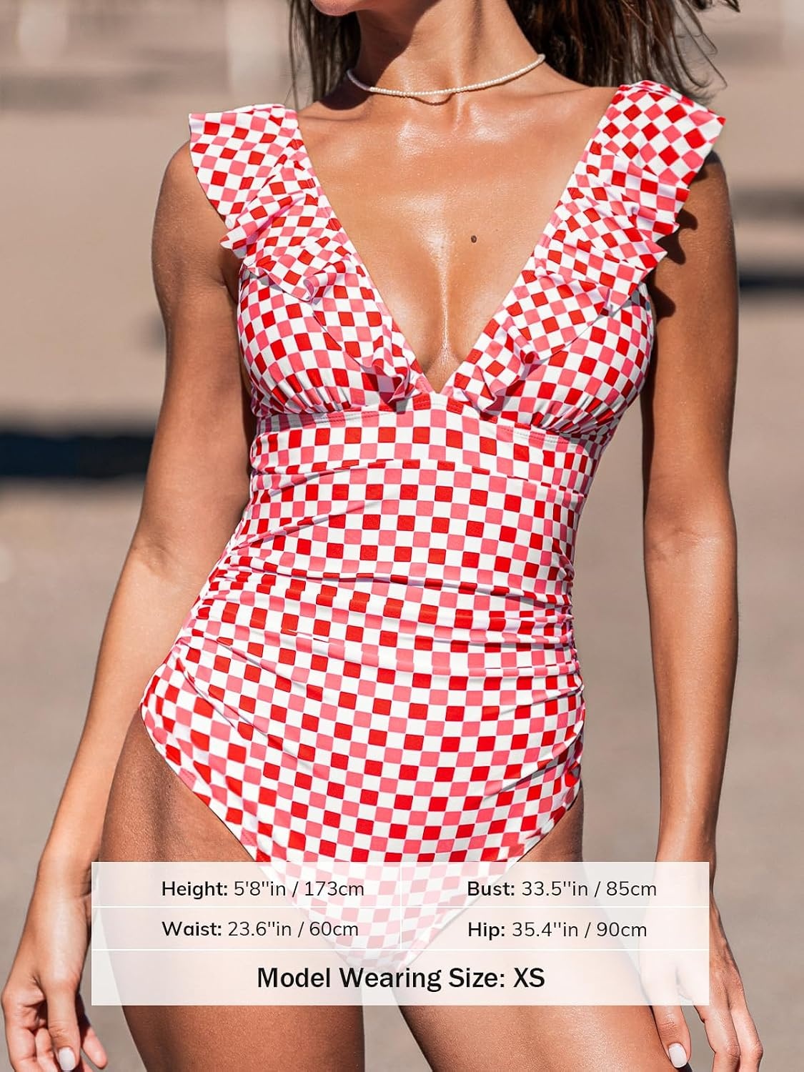 image:imageCUPSHE Womens Ruffled One Piece Swimsuit V Neck Lace UpRed Pink Gingham