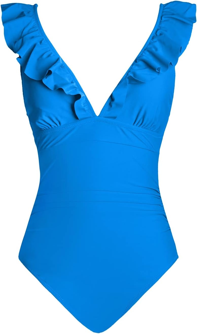 image:imageCUPSHE Womens Ruffled One Piece Swimsuit V Neck Lace UpRoyal Blue