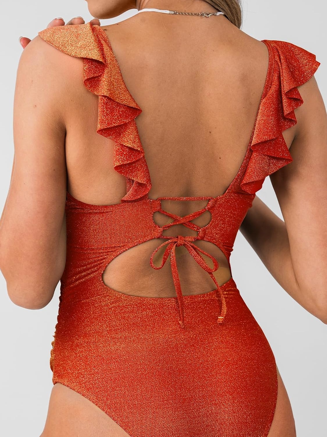 image:imageCUPSHE Womens Ruffled One Piece Swimsuit V Neck Lace UpSparkle Red