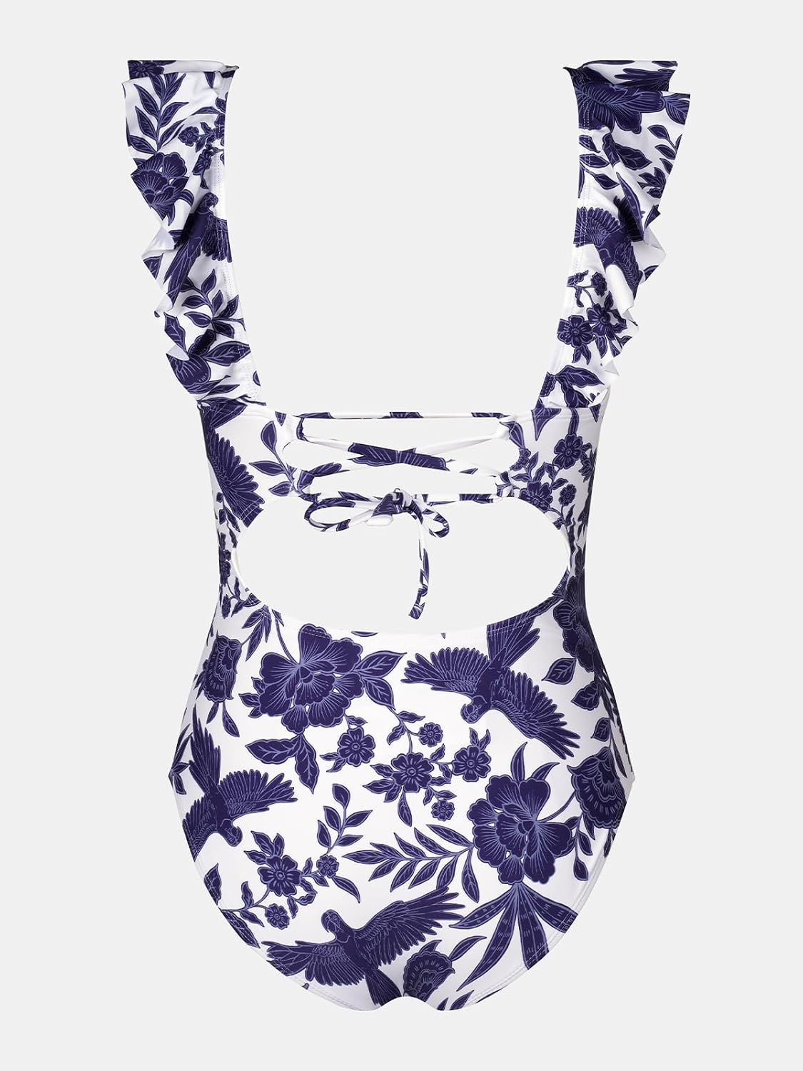 image:imageCUPSHE Womens Ruffled One Piece Swimsuit V Neck Lace UpWhiteNavy Floral