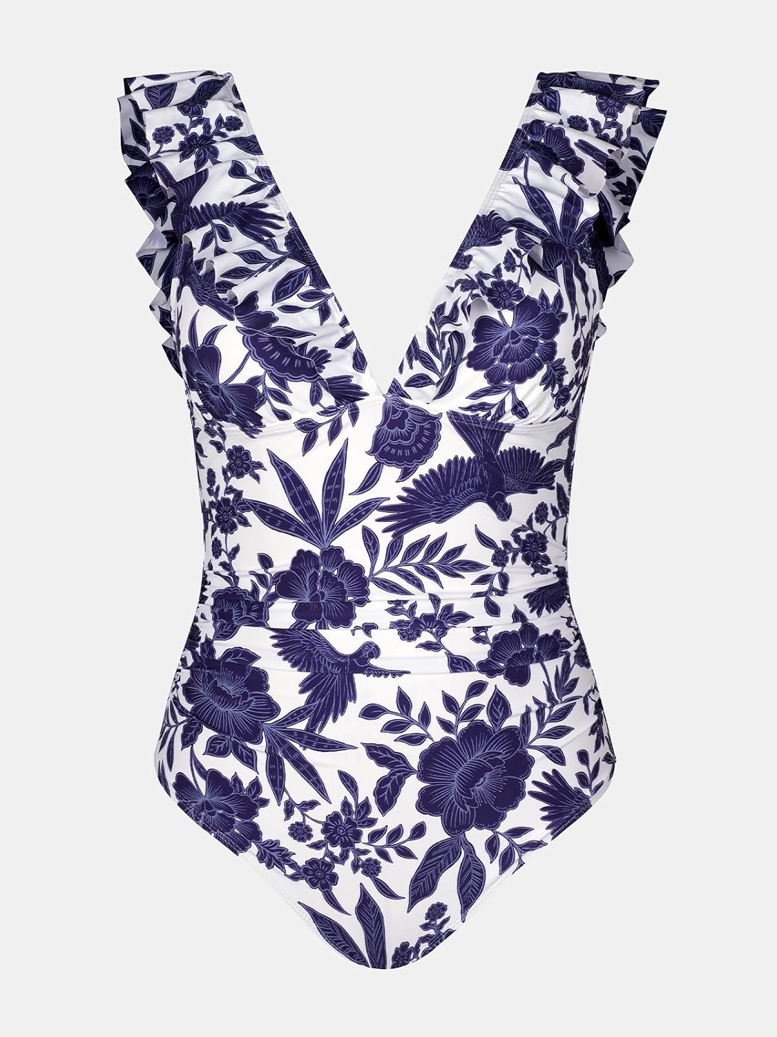 image:imageCUPSHE Womens Ruffled One Piece Swimsuit V Neck Lace UpWhiteNavy Floral