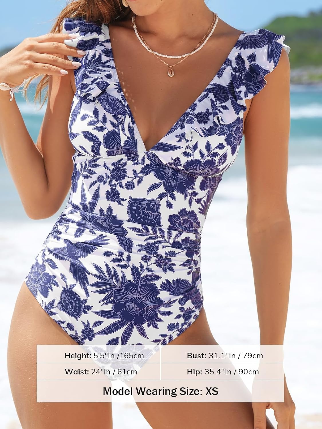 image:imageCUPSHE Womens Ruffled One Piece Swimsuit V Neck Lace UpWhiteNavy Floral