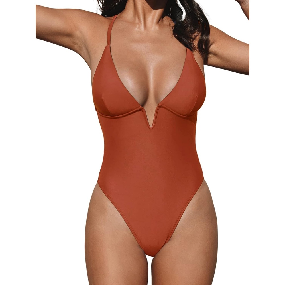 image:imageCUPSHE Women Swimsuit One Piece Bathing Suit Deep V Neck Crisscross Back Adjustable StrapBrick Red