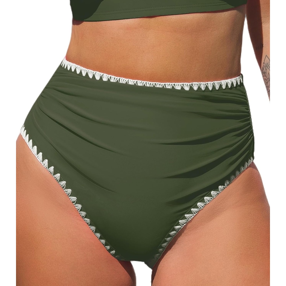 image:imageCUPSHE Womens Bikini Bottom High Waisted Swimsuit Ruched Bathing Suit Stitching Full Coverage Swimwear BottomOlive Green